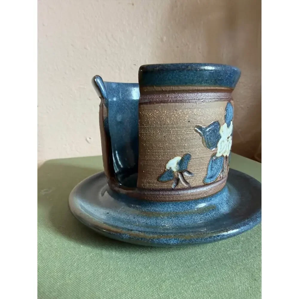 Signed Studio Pottery Floral Candle Holder – Handcrafted Blue & Brown Stoneware